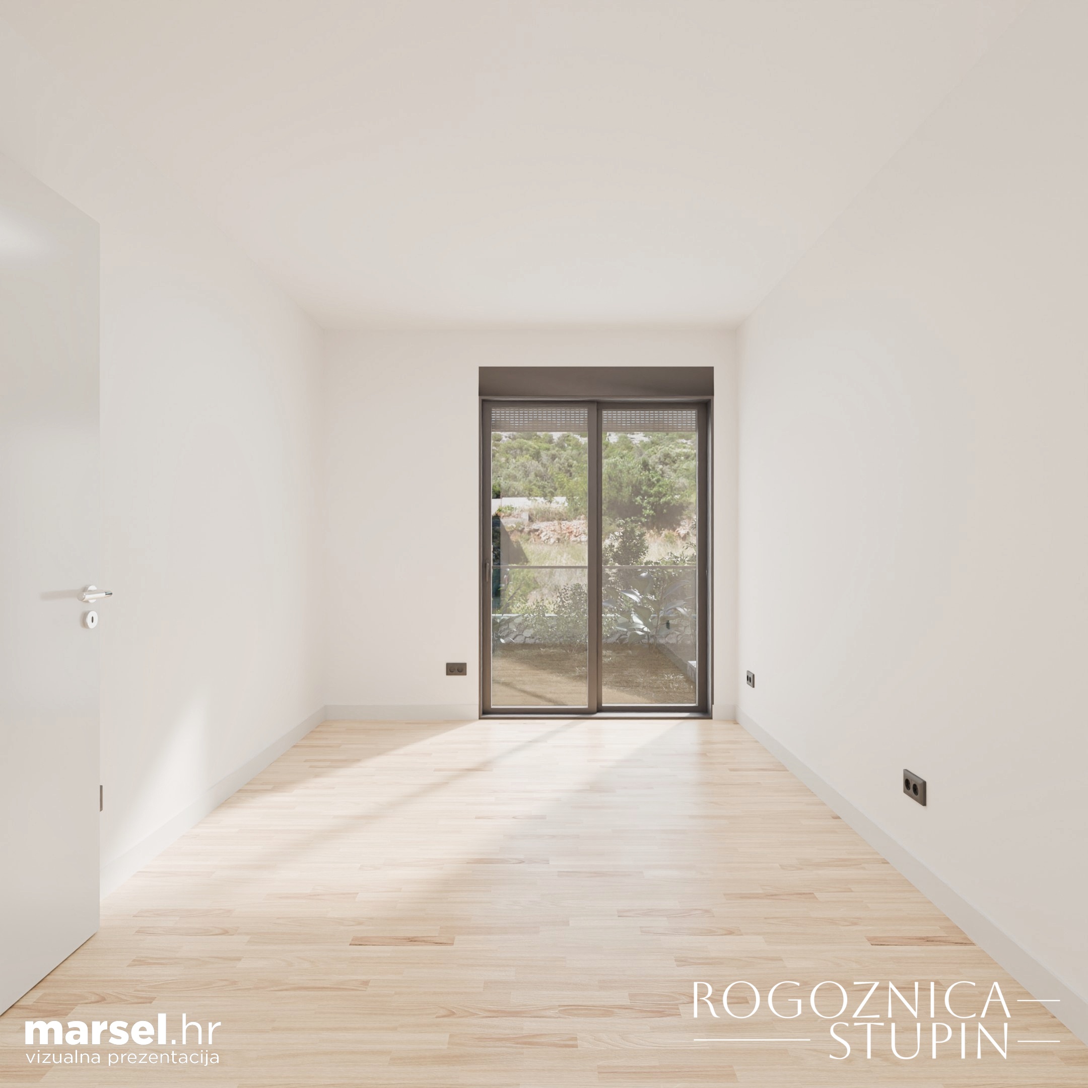 Vizualizacija interijera apartmana u novogradnji Rogoznica Stupin. Prostrani i svijetli unutarnji prostori s pogledom na more, idealni za stanovanje ili investiranje u apartman na dalmatinskoj obali.